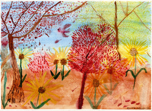 Evita Newman, Untitled (Red Tree and Sunflowers)