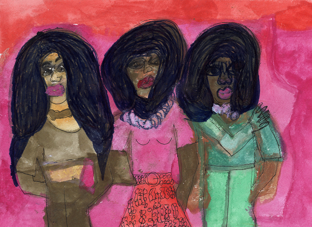 Janice Essick, Untitled (Three Figures in Brown, Pink, and Green)